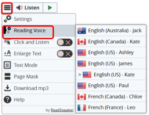 Menu of 'voice' options available in our ReadSpeaker webReader tool. Voices can be selected from the webReader 'settings' menu.